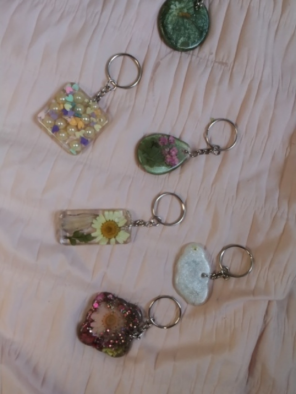 Handmade Floral Resin Keychain Set - Green, White, Pink Accents